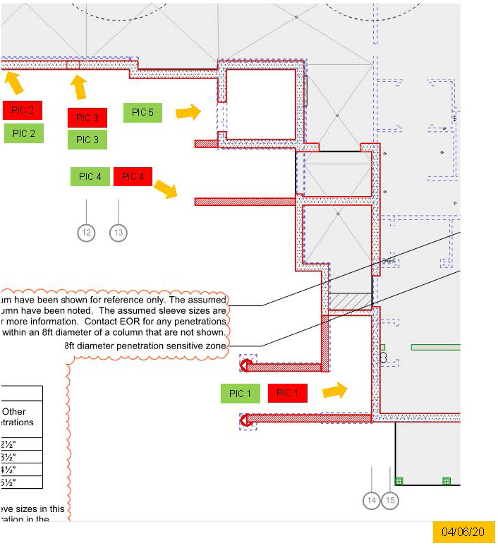excerpt from ground plan redlined with waterproofing concerns which corresponds with 2 other photos