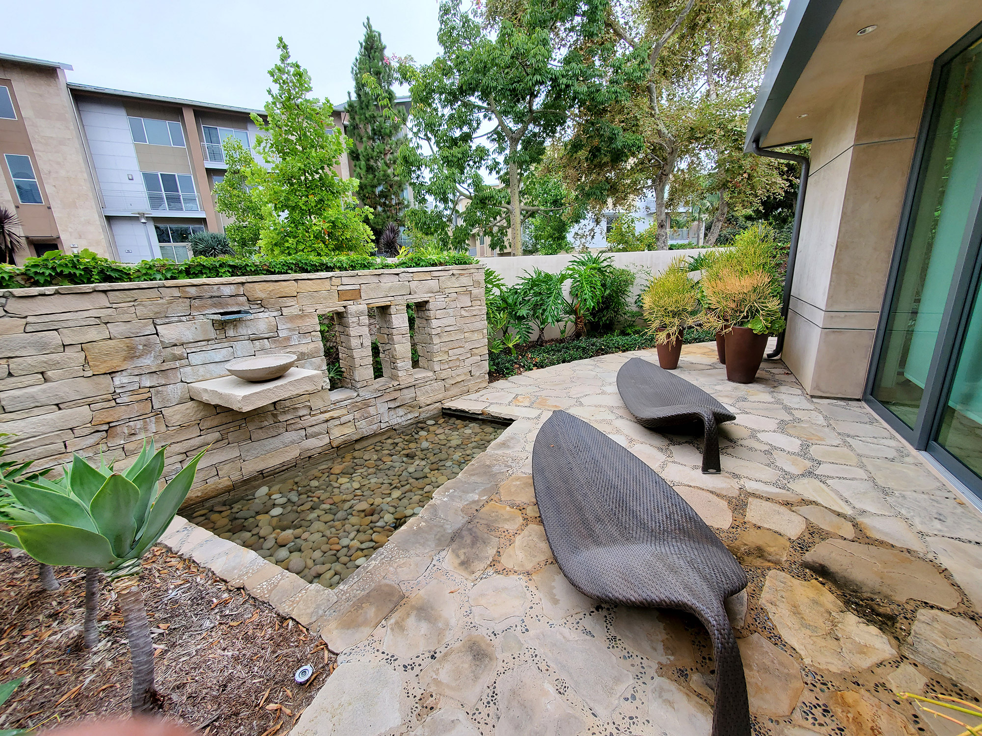 close-up of completed landscaping at new construction residential community
