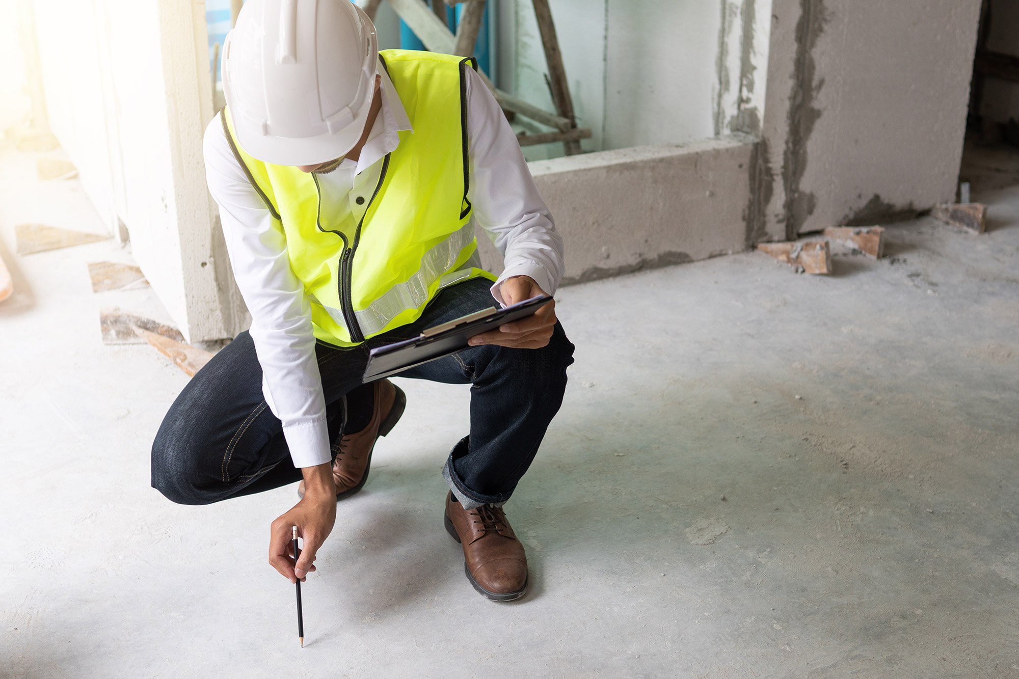 inspector reviewing installation of material at a construction site